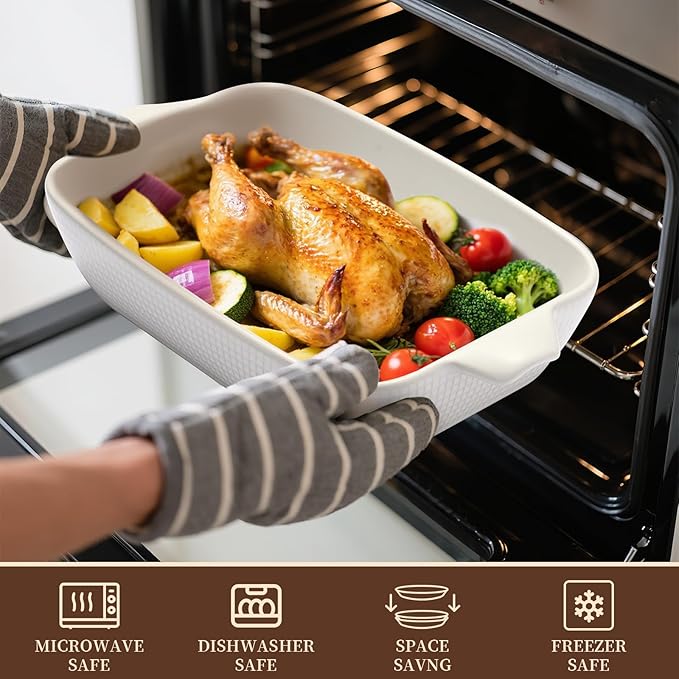 Bakeware Casserole Oven Dishes Baking - 3pcs Ceramic Rectangular Oven Serving Sets,（10.3/12.4/14.7）Stoneware Cookware Pan, Porcelain White Thanksgiving Ware for Cooking Lasagna (Pink)