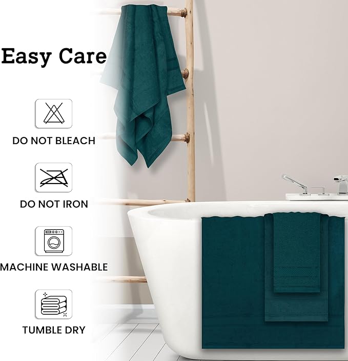 Casa Lino Bath Towel Set of 8 (2 Bath Towels, 4 Wash Cloths & 2 Hand Towels for Bathroom) - 100% Cotton - Highly Absorbent & Quick Dry - Guest Room Essentials for Bathroom Set - (Teal)