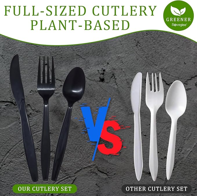 Compostable Utensils, Black Plastic Silverware, Compostable Cutlery 120 Forks 120 Spoons 60 Knives, No Plastic Disposable Silverware, Eco Friendly Disposable Cutlery for Party Office Wedding