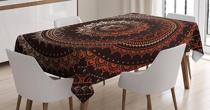 Ambesonne Mandala Tablecloth, Enclosing Magic Circle Egyptian Folkloric Culture Pattern Illustration, Rectangular Table Cover for Dining Room Kitchen Decor, 60" X 90", Dark Brown and Orange