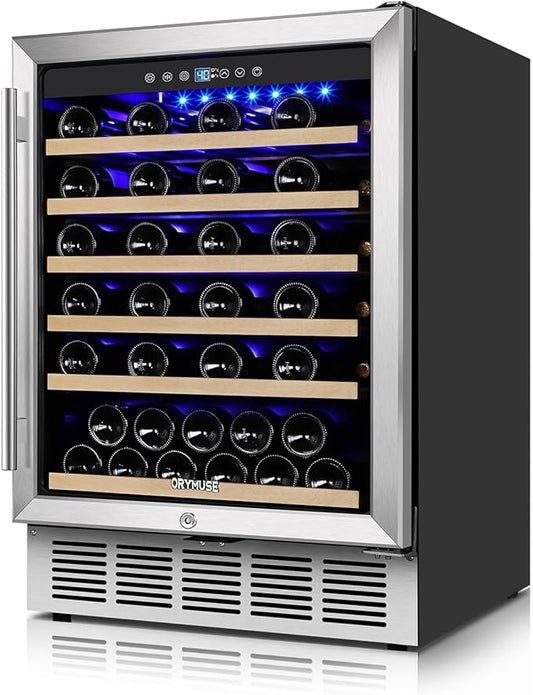24 Inch Wine Fridge, 54 Bottle Wine Cooler Refrigerator with Stainless Steel Glass Door, LED Display, Upgraded Compressor, Built-In or Freestanding for Home Bar Kitchen