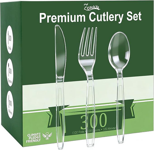Zcaukya 300 Count Clear Plastic Silverware Set, 100 Forks, 100 Spoons, 100 Knives, Heavy Duty Disposable Cutlery Set Utensils Bulk for Parties, Events, Catering, Everyday Use