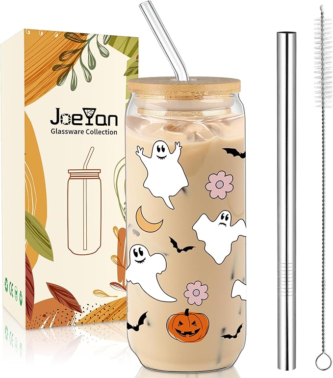 Joeyan Halloween Glass Cups with Lids and Straws,20 oz Pumpkin Ghost Iced Coffee Tumbler,Cute Spooky Can Shaped Beer Drinking Glasses,Holiday Gifts for Women Mom Friend Teen