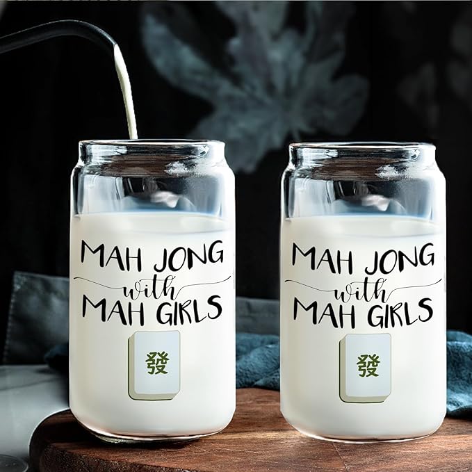 Mahjong Gifts for Women Glass Cup with Lids and Straws 14oz, Gifts for Mahjong Players Lovers Women, Mah Jong with Mah Girls Glass Iced Coffee Tumbler Drinking Jars with Cleaning Brush