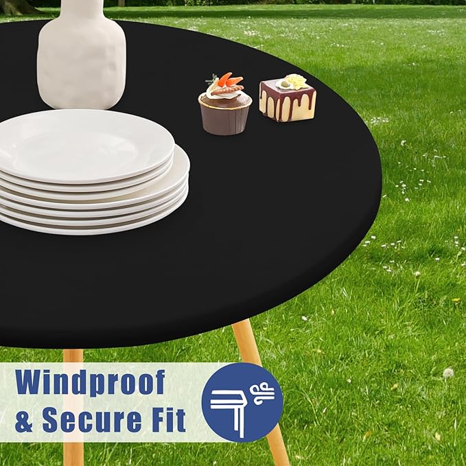 Round Spandex Tablecloth, Elastic Fitted Waterproof Tablecloths for 18"-24" Tables, Stretch Washable Picnic Table Cover for Camping, Dining, Indoor and Outdoor, Black
