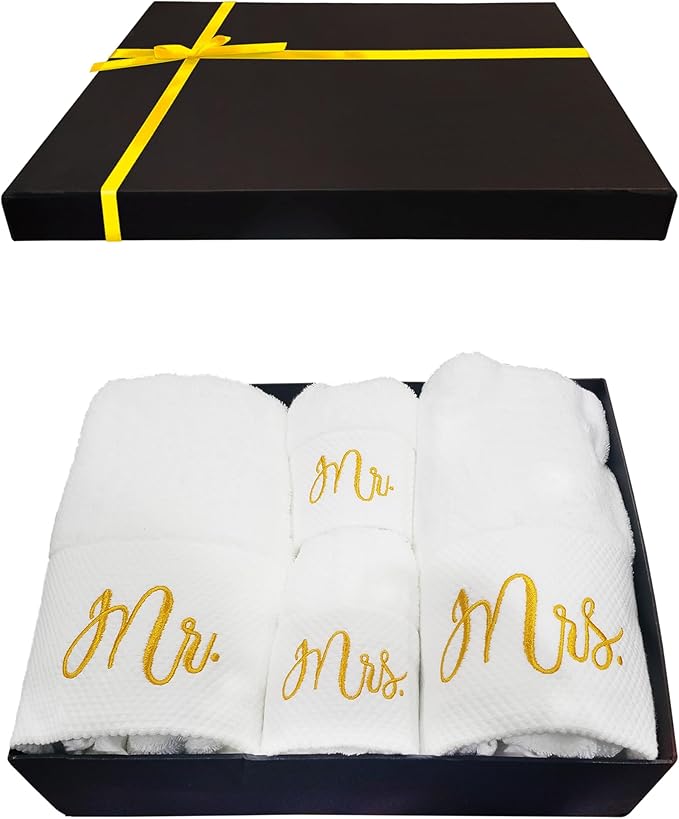 RUBBER BOND Mr and Mrs Towels Set with Gift Box - 4 Pack Bath & Hand Towels for Couples - Cotton Towels Set - Wedding, Honeymoon Gifts - White Bathroom Towel Set with Gold Embroidery