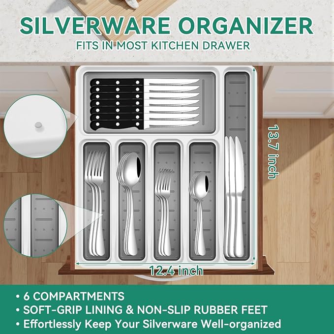49-Piece Silverware Set with Organizer, Stainless Steel Flatware Utensils Set for 8, Forks and Spoons Silverware Set Cutlery Set with Steak Knives, Dishwasher Safe