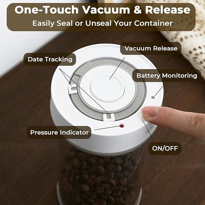 Auto Vacuum Coffee Canister - 950ml Airtight Coffee Canister for 10.6 oz of Coffee Beans, One-Button Operation & Date Tracker, Coffee Bean Storage Container, Sealed Vacuum Canister