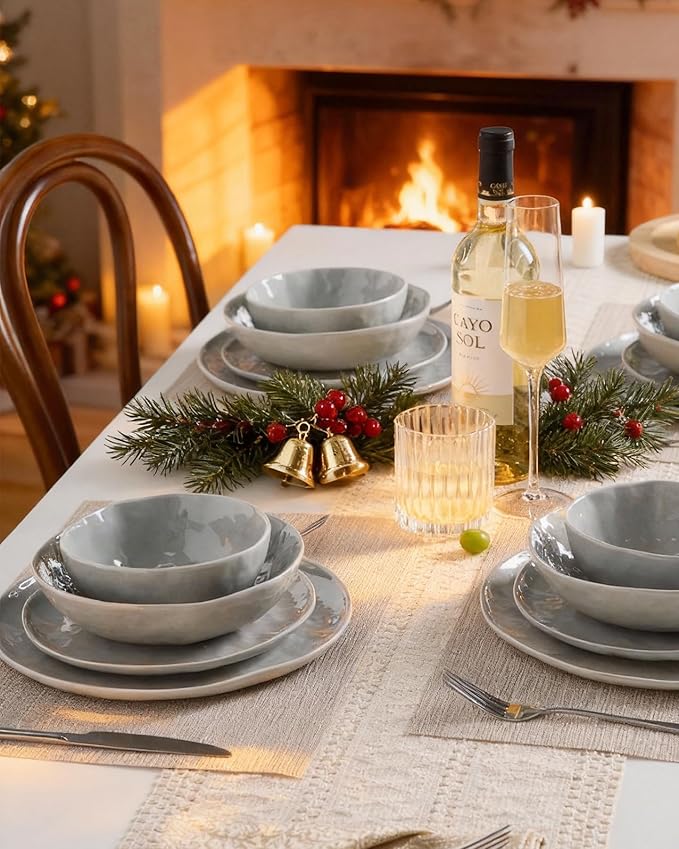 Famiware Porcelain kitchen plates and bowls set, Modern dishes set for 4, Handmade Wave Edge Dinnerware Sets, Microwave and Dishwasher Safe Tableware, Sleek Grey (16pc)