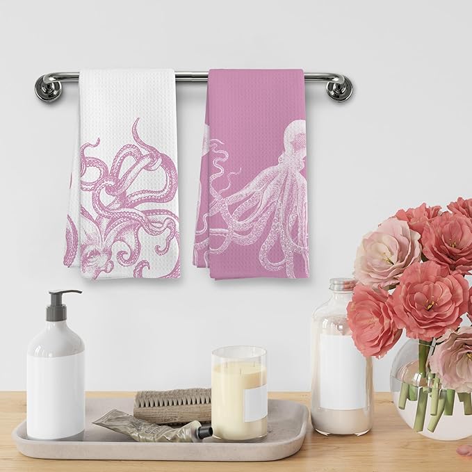 Coastal Pink Octopus Beach Decor Dish Hand Tea Towels for Bathroom Kitchen, Girly Preppy Octopus Ocean Nautical Beachy Bathroom Decor, Coastal Kitchen Towels and Dishcloths Sets of 2, 16x24In
