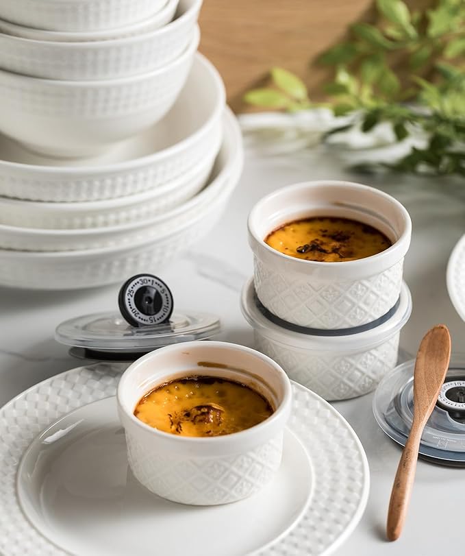 Ramekins 6 oz with Lids Oven Safe, Small Creme Brulee Ramekins with Covers, Ceramic Ramekin Set of 4, Mini Prep Pinch Bowls - Dishwasher and Oven Safe, White