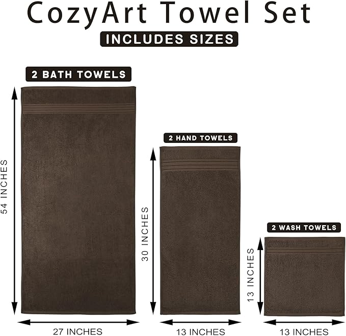 COZYART Brown Bath Towel Set, Cotton Hotel Large Towel Bulk for Bathroom, Thick Bathroom Sets of 6 with 2 Bath Towels, 2 Hand Towels, 2 Washcloths, 650 GSM