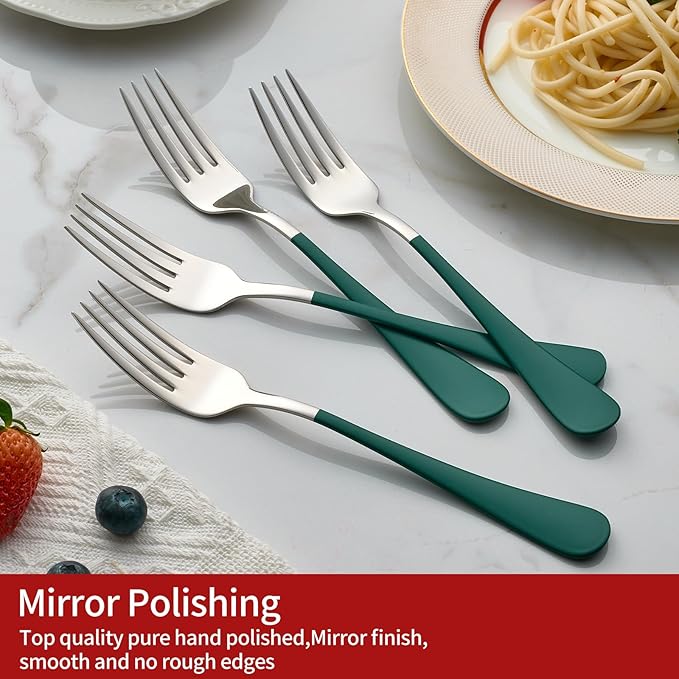 Green Dinner Fork, 18/0 Green handle Stainless Steel Satin Finish 8.1-inch Silverware Flatware Fork Set, Set of 12, Dishwasher SafG