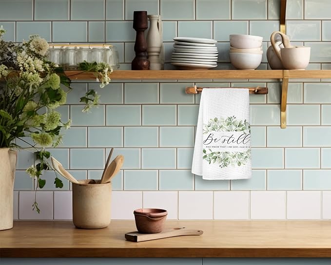 Sage Grenn Kitchen Towels,Christian Bible Verse Psalm 46:10 be Still Kitchen Towels,Christian Gifts,Hand Tea Towels for Home Kitchen Decor,Housewarming Gift 16×24
