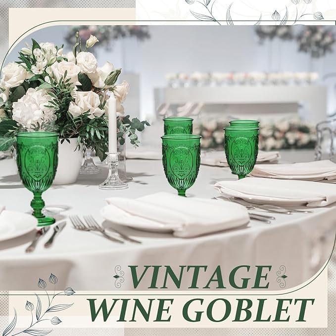 24 Pcs Plastic Goblets 7.5oz Vintage Goblet Plastic Wine Glasses Colored Retro Embossed Water Goblets for Wine Bar Juice Baby Shower Wedding Reception Grand Event Party (Dark Green)