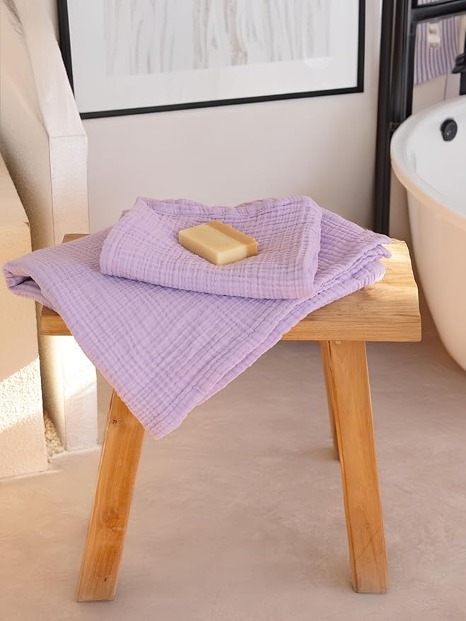 4 Pieces Muslin Towel Set for Bathroom, Luxury 100% Turkish Cotton Thin Soft Quick-Dry Lint-Free Large Size Bath Hand Towel Sets (Lilac, 2 Bath & 2 Hand Towel Set)