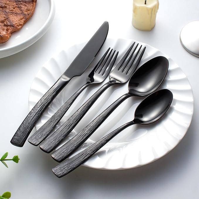 40-Piece Black Silverware Set for 8, CITESANA Heavy Duty Stainless Steel Flatware Set with Ripple Handles, Mirror Polished Kitchen Cutlery Set