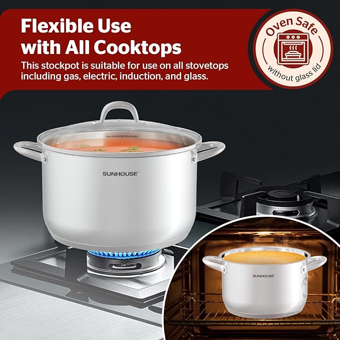 SUNHOUSE 15.5 -Quart Stainless Steel Stockpot – Heavy-Duty Induction Pot with Lid and Riveted Handles – Ideal for Soup, Seafood, Stock, Canning, and Catering for Large Groups and Events