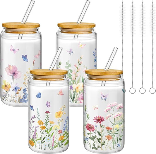 Mumufy 4 Pcs Gift for Women Wild Flower Glass Cup Tumbler Butterfly Iced Coffee Mugs 16 oz Glass with Bamboo Lid & Straw, Christmas Mothers Day Birthday Gift for Mom Sister Bridesmaid Baby Shower