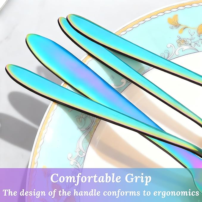 16PCS Rainbow Silverware Set, Stainless Steel Colorful Cutlery Set Include Knife Fork Spoon, Mirror Polished Reusable Tableware Utensil Sets for Home Restaurant Kitchen(Dishwasher Safe)