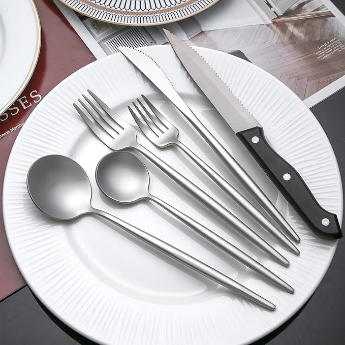 24 Pieces Silverware Set with Steak Knife, Stainless Steel Silver Flatware Set for 4, Satin Finish Spoons and Forks Silverware Set, Cutlery Utensils Set, Dishwasher Safe