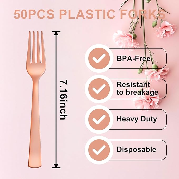 YOUBET 50PCS Rose Gold Plastic Forks - Heavy Duty Plastic Forks - Solid Durable Rose Gold Disposable Silverware for Party Picnic Wedding and Daily Use