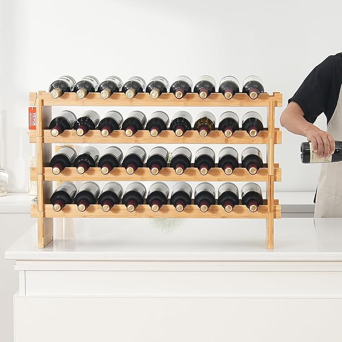 VEVOR 36 Bottle Stackable Modular Wine Rack, 4-Tier Solid Bamboo Wood Storage Racks, Floor Freestanding Wines Holder Display Shelf, Wobble-Free Shelves for Kitchen, Bar, and Cellar (Natural Color)