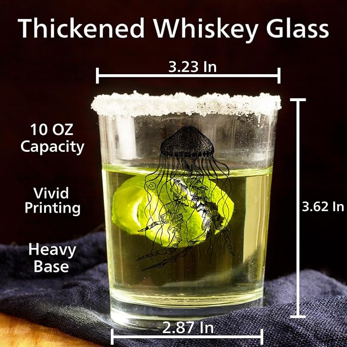Ocean Jellyfish Beach Whiskey Glasses 10 oz, Gifts for Ocean Coastal Beach Lovers, Sea Life Jellyfish Old Fashioned Rocks Glasses Cup for Women Men Drinking Scotch Bourbon Liquor