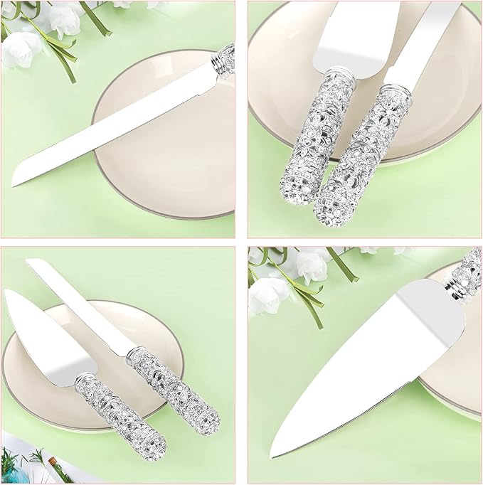 Wedding Cake Knife and Server Set - 2 Piece Dessert Set Metal Handle with Crystal Stones Decoration for Wedding, Anniversary Party Birthday Banquets and Gifts for Bride and Groom