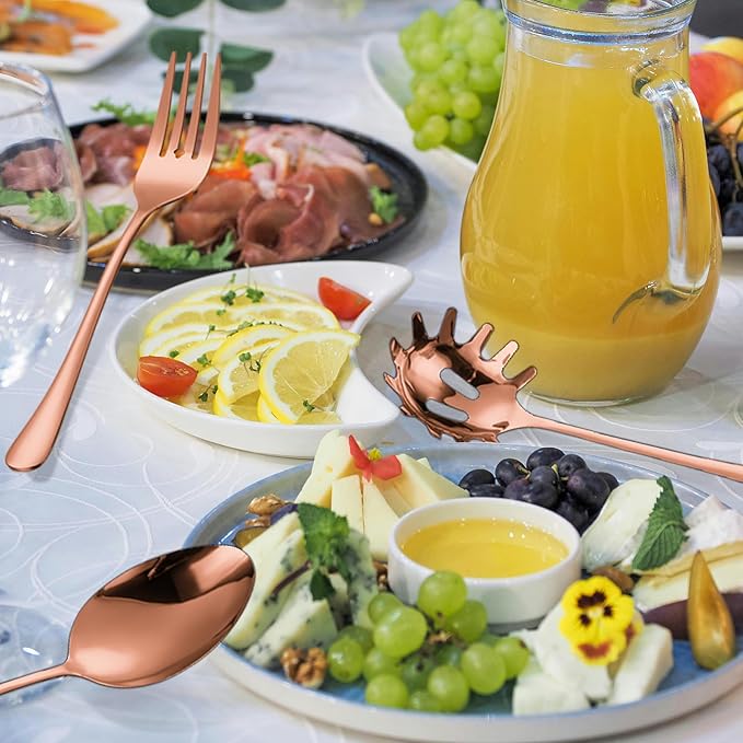 Copper Serving Utensils Set - Rose Gold Stainless Steel Flatware Set 11- Pieces Cake Knife Serving Fork Spoon Skimmer Pasta Ladle Spatula Perfect for Home Kitchen and Special Occasions