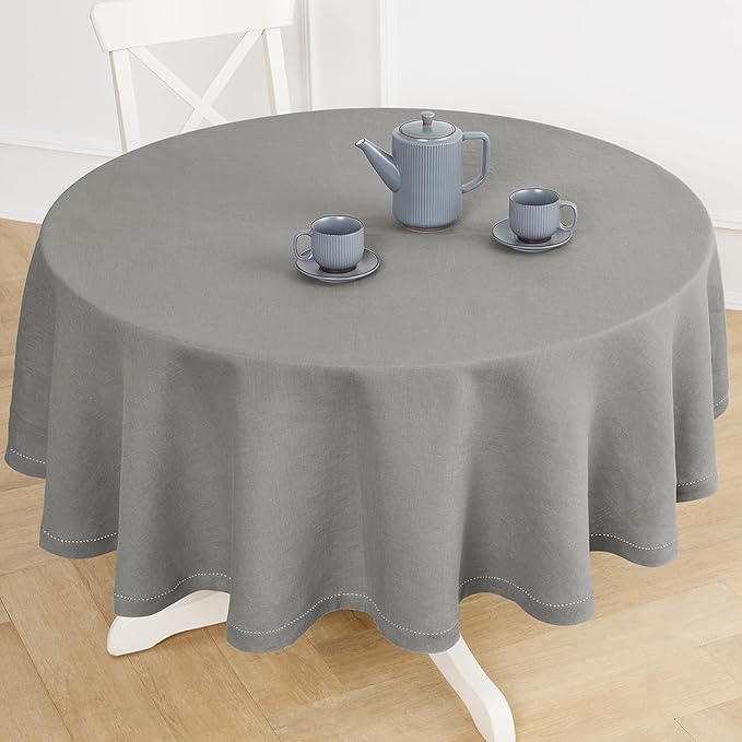 Solino Home Linen Round Tablecloth 70 Inch - 100% Pure Linen Grey Round Tablecloth - Machine Washable Table Cloth - Sonoma Hemstitch