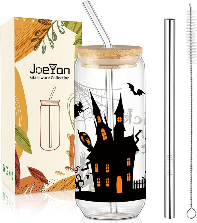Joeyan Halloween Glass Cups with Lids and Straws,20 oz Haunted House and Cat Iced Coffee Tumbler,Funny Can Shaped Beer Drinking Glasses,Holiday Gifts for Women Mom Friend Teen