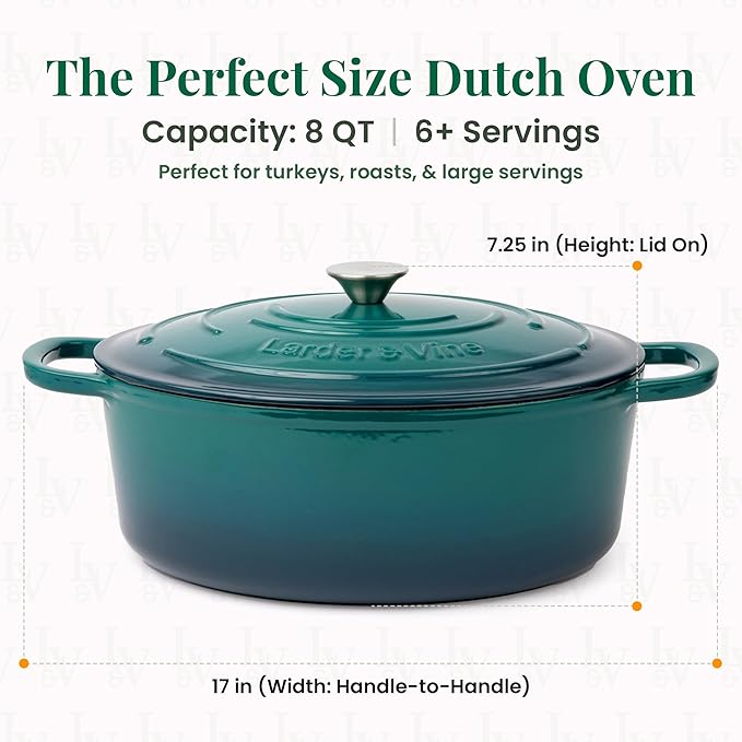 Larder & Vine Enameled Cast Iron 8 qt Dutch Oven Pot with Lid | Bread Baking | Compatible on All Cooktops & Oven Safe to 500° F | Great for Sourdough Bread | Bondi