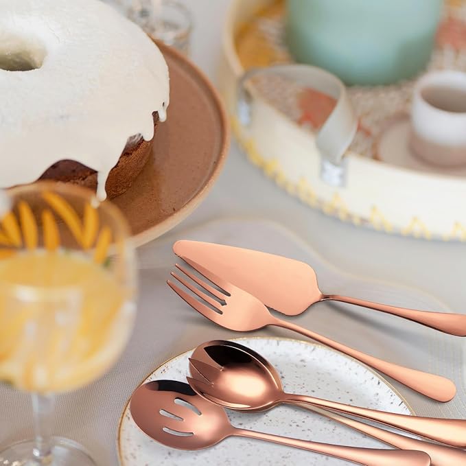 Rose Gold Serving Utensils Set 10 Pieces Copper Stainless Steel Catering Silverware Flatware Buffet Restaurant Banquet Include Fork Big Spoon Hostess Ladle Spatula Food Tong Cheese knife