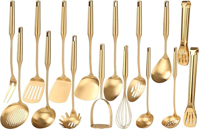 Gold Cooking Utensils Set - 18/10 Stainless Steel Small and Large Spoons Set, 16 PCS All Metal Kitchen Tools, Serving Utensils - Whisk, Masher, Fork, Tongs, Spatula, Turner, Ladle, Skimmer, Pasta