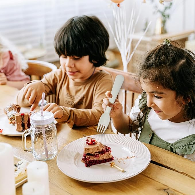 12 Pcs Kids Spoons and Forks Toddler Utensils Plastics Reusable Silverware Baby Cutlery Set Feeding Dinnerware Utensils BPA Free Microwave Dishwasher and Freezer Safe- White