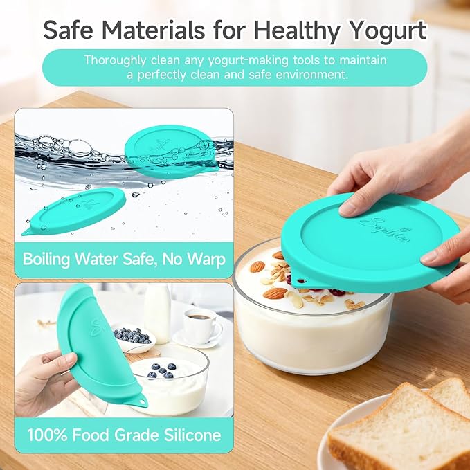 SOPHICO Silicone Replacement Lids Fit Ultimate 1-Quart Glass Containers, Airtight Seal Bowl Covers for Yogurt Fermentation, BPA-Free & Dishwasher Safe - Glass Not Included (Mint, 2 Pack)