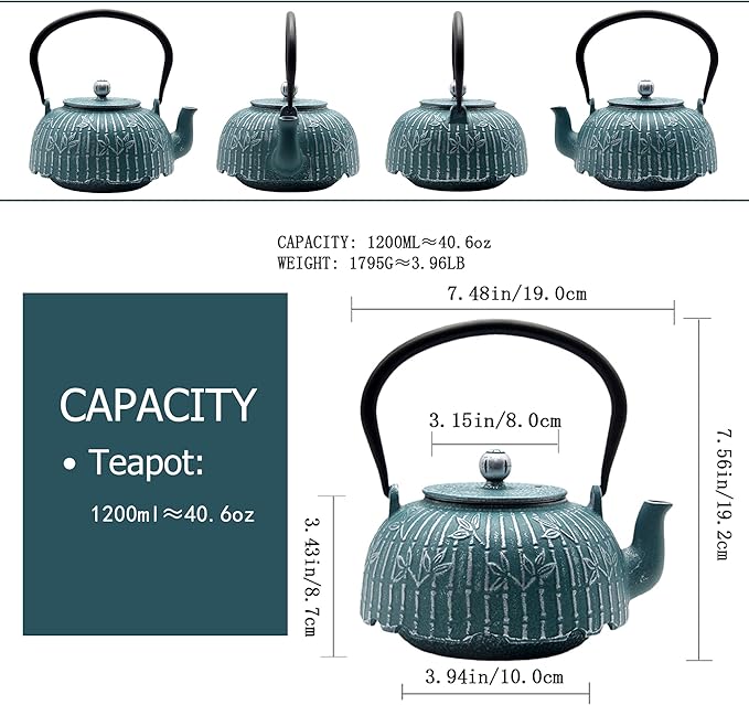 Tea Kettle, Japanese Cast Iron Teapot with Stainless Steel Infuser, Cast Iron Tea Kettle, Durable Teapot Coated with Enameled Interior (40.6oz Blue-green Bamboo Leaf Pattern)