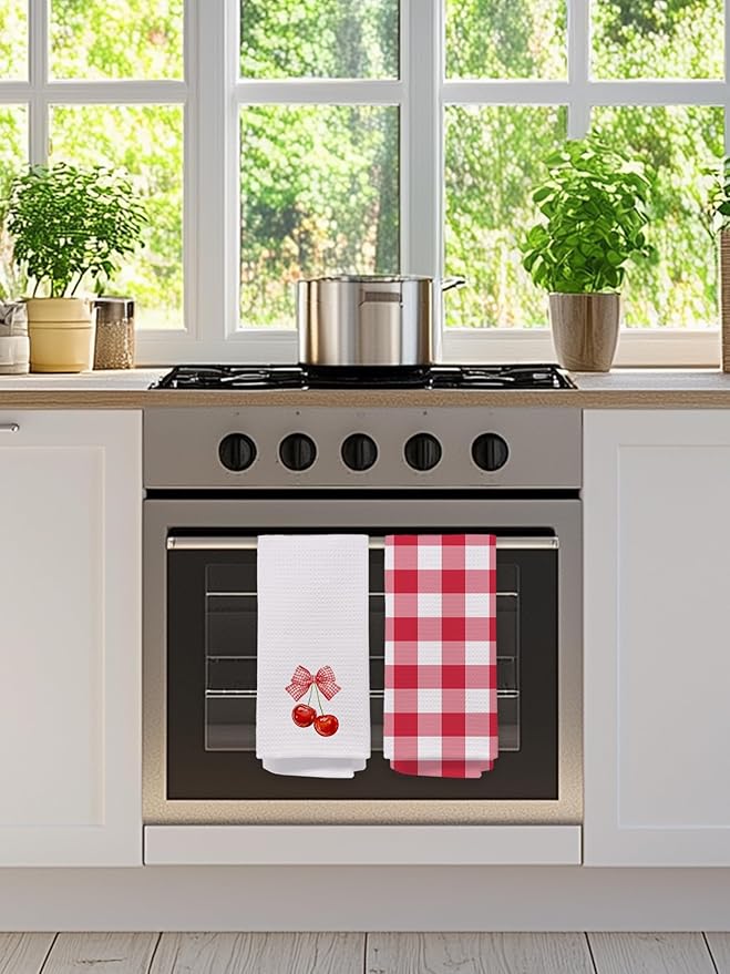 2 Pack Red and White Checkered Hand Towels for Bathroom - Cute Cherry Dish Tea Towels for Kitchen Decor, Cottagecore Decorative Hand Towels for Guest Bathroom, Cherry Themed Housewarming Gift Idea
