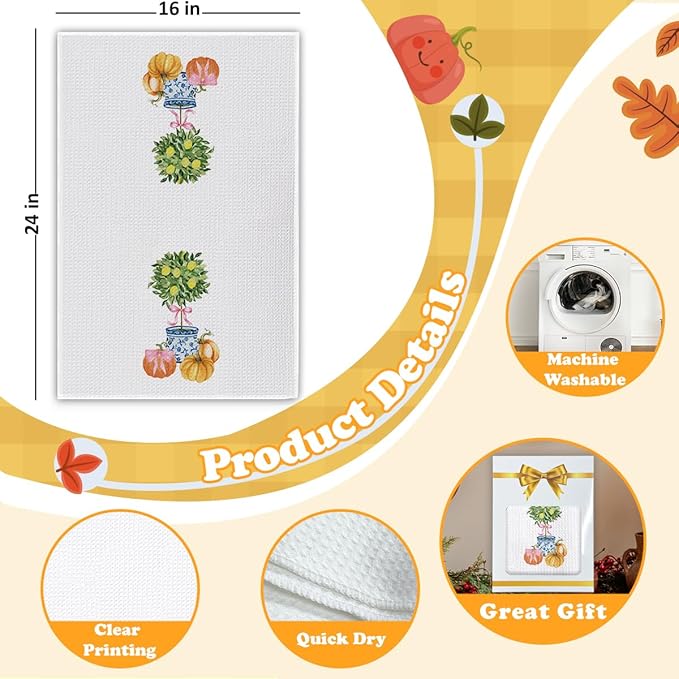 Fall Kitchen Towels Blue and White Pumpkin Kitchen Hand Towels, Chinoiserie Pumpkin Fall Decor Waffle Weave Dish Cloths 16x23.5 Inch, Farmhouse Autumn Thanksgiving Halloween Bathroom-C10