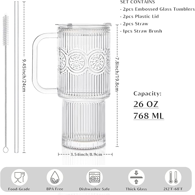 INSETLAN 26oz Ribbed & Floral Glass Tumblers with Handle and Lid, Set of 2 –Reusable Iced Coffee Cups with Straw, Glass Mugs for Water, Smoothies, Tea, and Juice – Ideal for Travel & Daily Use