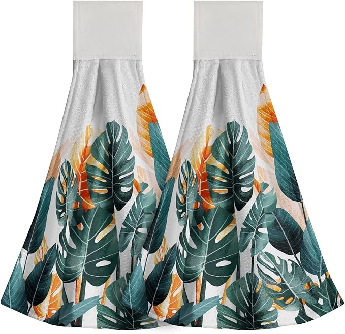 Giwawa Palm Leaves Hanging Kitchen Towels Tropical Leaf Dish Cloth Tie Towels 2 Pcs Hand Towel Tea Bar Dry Towel for Bathroom Laundry Room
