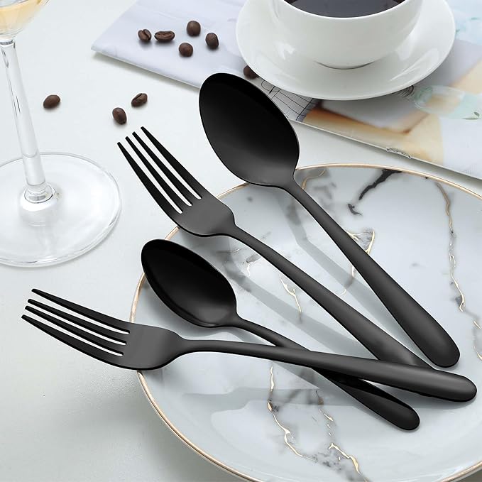 Pleafind 36Pcs Black Dinner Spoons Set - 7.4 inch, Spoons Silverware, Stainless Steel Spoon, Mirror Polished Tablespoon, Black Silverware Set for Home, Kitchen, Restaurant, Dishwasher Safe