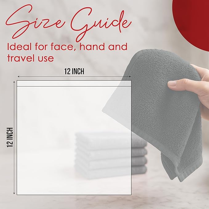 RIVERSIDE 12 Pack Washcloths - 12x12 Inches, 400 GSM, 100% Ring-Spun Cotton - Soft, Absorbent & Durable Face and Body Towels - for Bathroom, Spa, Gym, Makeup Removal & Everyday Use - Grey