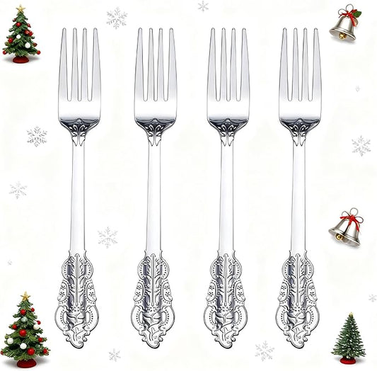 WDF 100 Piece Silver Forks Disposable - 7.48 Inch Silver Plastic Forks - Baroque Silverware for Dessert Cake - Heavy Duty Plastic Fork for Christmas Party, Wedding or Daily Using