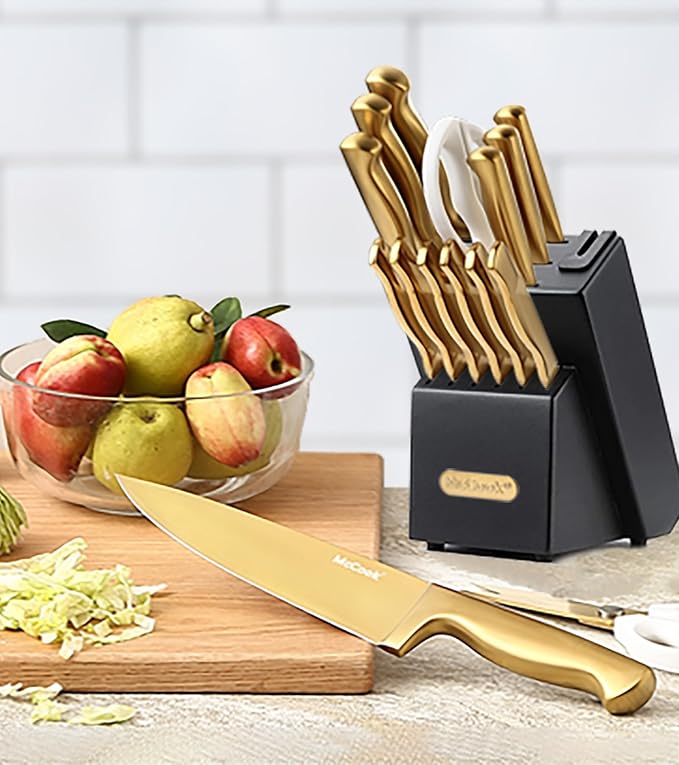 McCook® Knife Sets, Golden Titanium Stainless Steel Kitchen Knife Block Sets with Built-in Sharpener