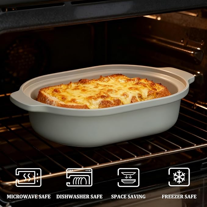 MAGNIFIQUE Casserole Dishes for Oven, 9x12 Porcelain Baking Dish, 4 Quarts Lasagna Pan with Handles, Oven Safe up to 500°F or on Stovetop, Use to Marinate, Cook, Bake, and Serve, Olive