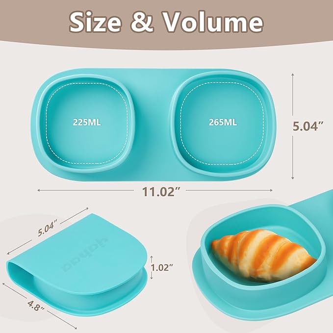 Silicone Foldable Novelty Dinner Plates,Baby Plates Travel Essential with Forks and Spoons,Microwave & Dishwasher Safe,Aqua