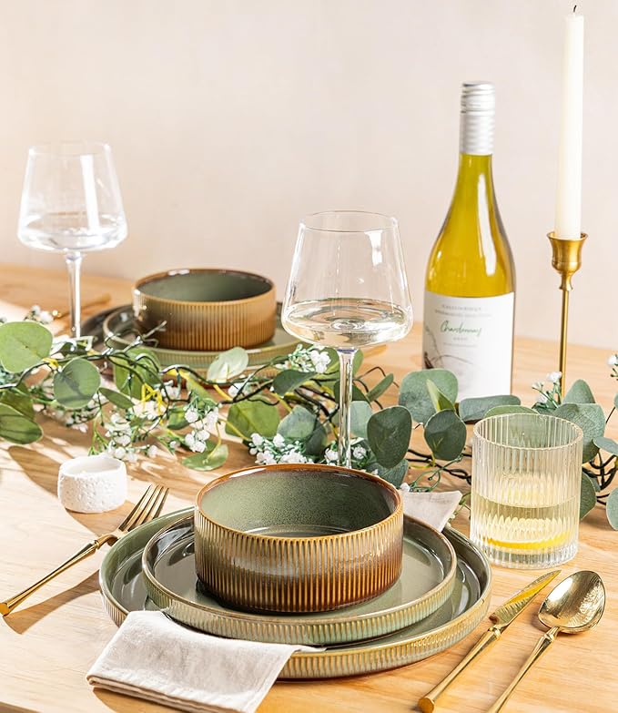 TheTerra Ceramic Dinnerware Sets for 4, 12 Pieces Porcelain Lightweight Plates and Bowls Sets, Scratch Resistant Dish Set, Oven & Microwave & Dishwasher Safe, Sage Umber