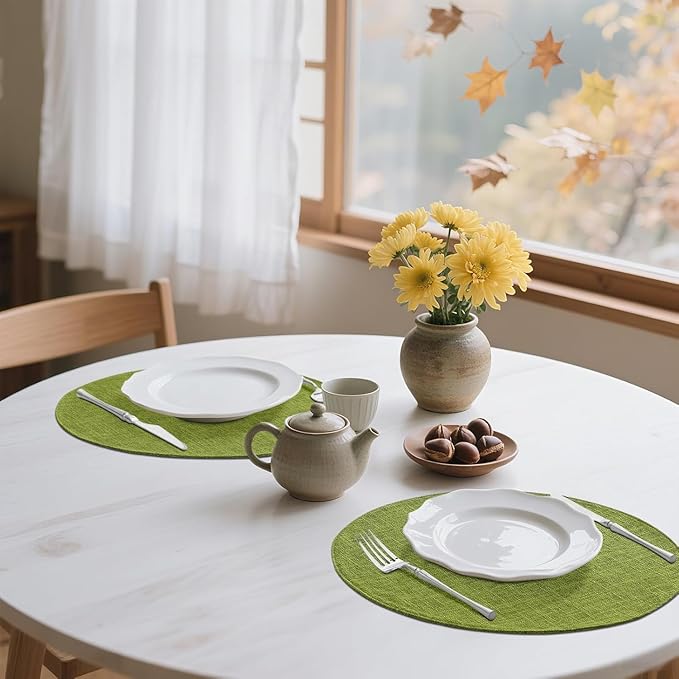 homing 15 Inch Round Cloth Placemats Set of 4, Cotton Linen Blend Washable Table Mats, Farmhouse Dining Place Mats for Indoors & Outdoors, Easy to Clean, Grass Green